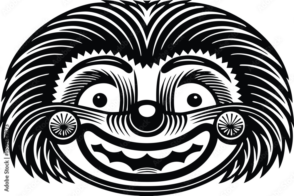 Fototapeta premium A black and white cartoonish drawing displays a smiling face with large eyes and teeth