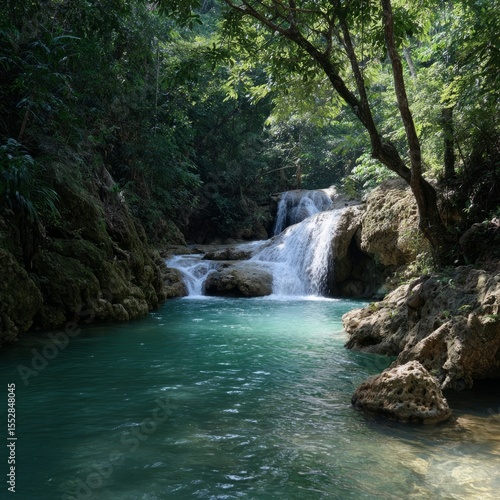 Tranquil waterfall flowing through lush forest hdr scenic view