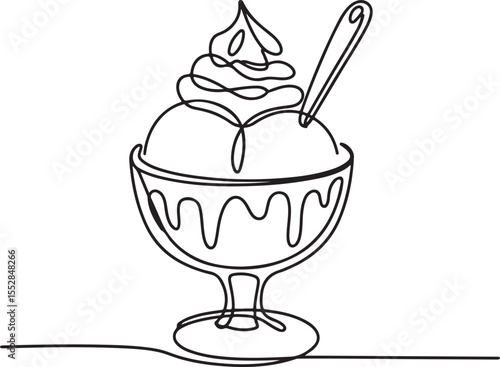 Continuous Line Drawing of Ice Cream Sundae in Glass with Spoon