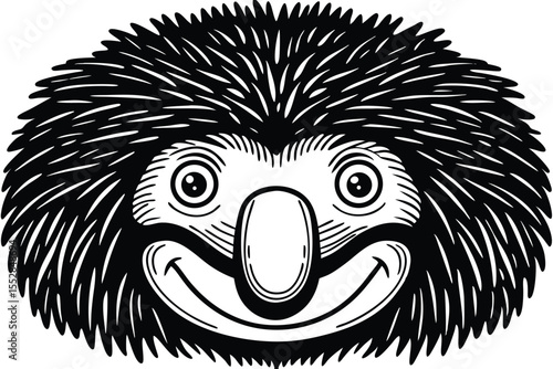 Whimsical black and white shows a cartoonish hedgehog smiling widely with exaggerated facial features