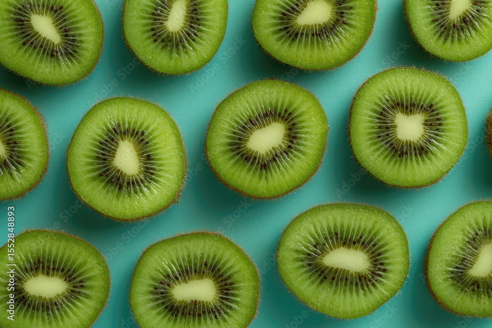 Fototapeta premium A vibrant flatlay showcasing numerous perfectly sliced kiwi fruit arranged on a teal background, creating a visually appealing and repetitive pattern