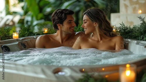 Romantic Wellness Spa Retreat,
Luxury Couple in Jacuzzi Scene, Romantic couple in jacuzzi spa with luxury romance and jacuzzi couple mood, Candlelit Hot Tub Love Moment
