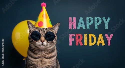 Happy Friday Cat with Party Hat, Sunglasses, and Balloon