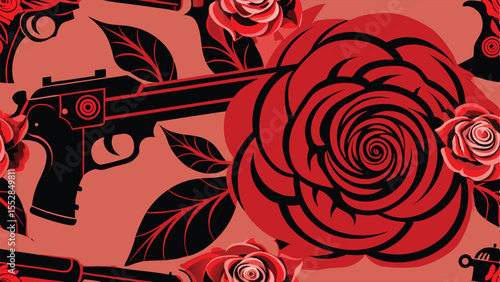 Black pistols and red roses on a coral background vector art handgun firearm