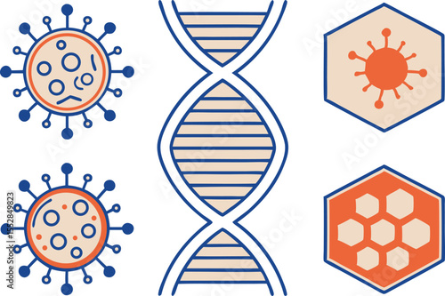 D N A helix and virus icons in blue and orange bacteria