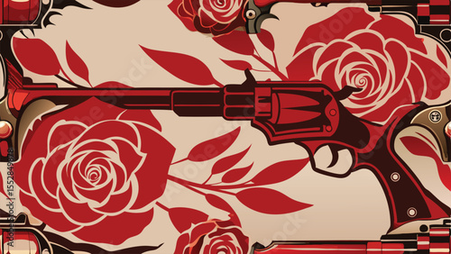 Vintage revolver with red roses and ornate border design pistol weapon