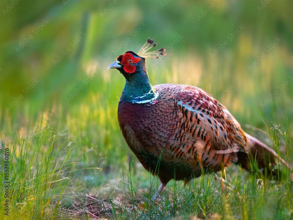 Fototapeta premium A pheasant standing on natural ground with vivid feather coloration.