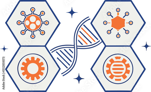 D N A helix with science icons in hexagons biotechnology