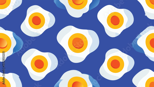 Seamless pattern of fried eggs with orange yolks on blue background breakfast food