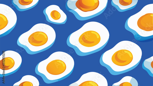 Stylized fried eggs with yellow yolks and white whites on blue background breakfast