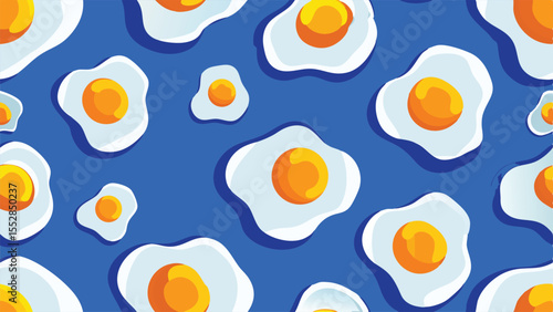 Stylized fried eggs with yellow yolks and white whites on a blue background breakfast
