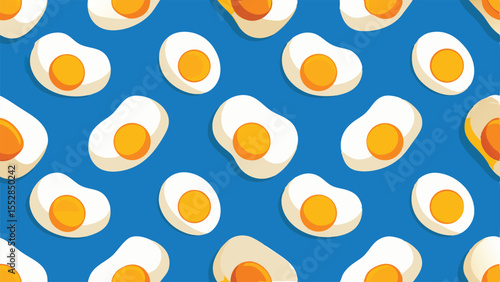Pattern of fried eggs with bright orange yolks on a blue background breakfast food
