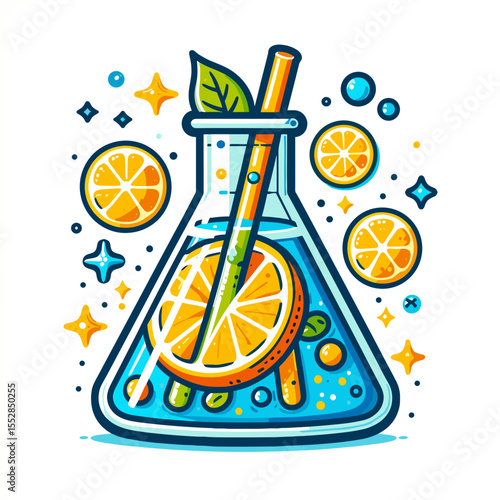 Citrus drink in science beaker with oranges and straw