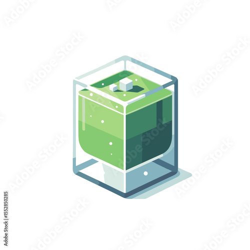 Green juice in glass isometric style with ice cubes