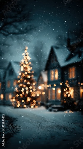 Illuminated houses and a Christmas tree adorn a snowy evening landscape with falling snowflakes