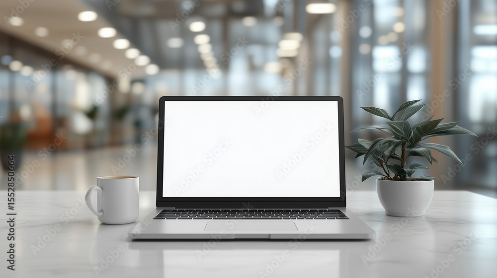 Workspace with blank laptop screen and cup of coffee on white table with blurred office space background. Workspace with blank laptop screen and cup of coffee on white table with blurred office space background.