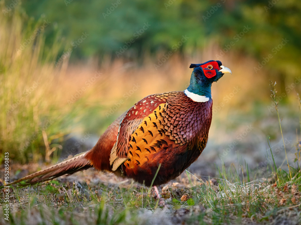 Fototapeta premium A wildlife photo of a pheasant with red, orange, and green feathers.