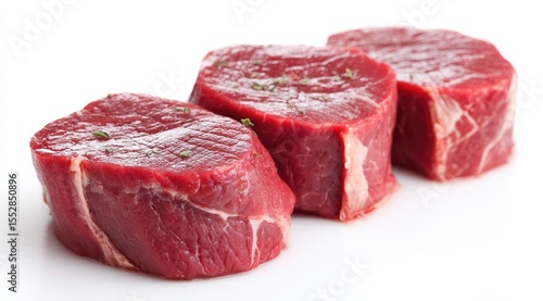 Three raw beef medallions, richly marbled, glistening, slightly sprinkled with herbs, arranged on a pristine white background