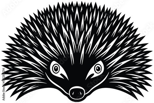 Black stylized echidna face with sharp quills is depicted against white backdrop