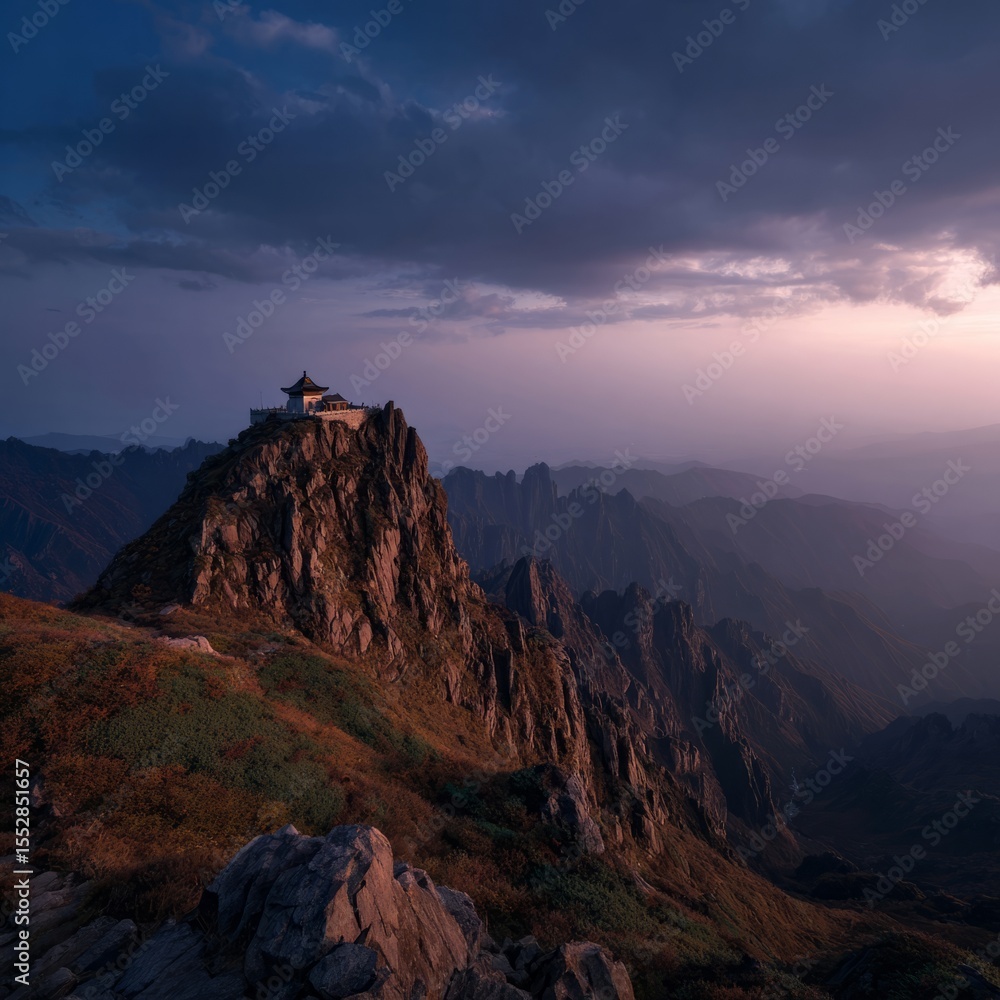 Obraz premium Majestic sunrise over mountain temple scenic hdr landscape view