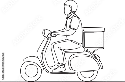 Delivery Scooter Continuous Line Art Courier on Moped with Box Illustration