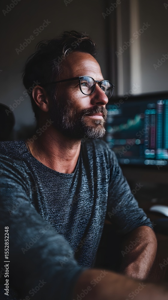 Obraz premium Focused investor reviewing data in a cozy workspace