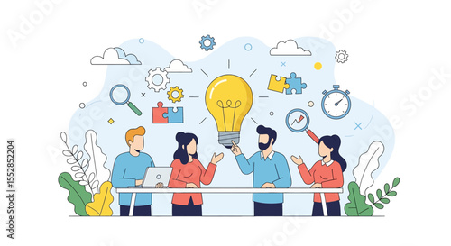 Adobe illustrator vector flat style illustration of A diverse team engages in creative collaboration during a meeting, with a large lightbulb symbolizing ideas and problem-solving