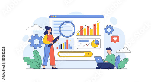 Adobe illustrator Flat illustration of a business meeting with a presenter explaining data on a whiteboard to colleagues. Set in a modern office environment, highlighting teamwork, collaboration
