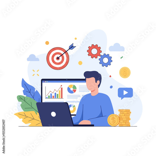 Adobe illustrator artwork vector flat illustration: Flat style illustration depicting a people working on a laptop displaying business analytics charts