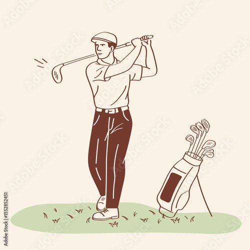 Middle aged golfer swinging a club on green grass in doodle style. Hand drawn vector scene for golf themed projects, apps.