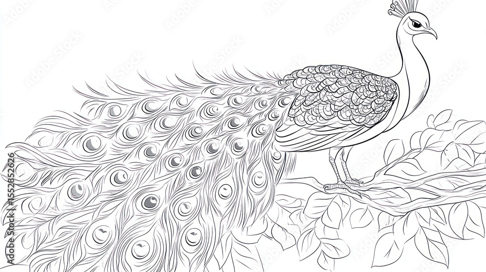 Fototapeta premium Peacock on Branch, Line Art, Coloring Page