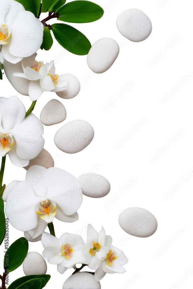 Obraz premium Delicate white flowers and smooth stones arranged against a black background, creating a serene and elegant composition. Png, Transparent background.