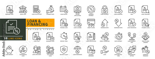 Minimalist Loan & Financing line icons set with editable stroke, featuring mortage, bank, calculator, cars, deposit, convenience loan, applicant, interest rate, loan payday. thin linear illustration.