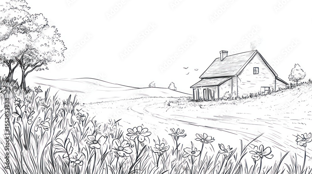 Obraz premium Countryside sketch, charming house, rolling hills