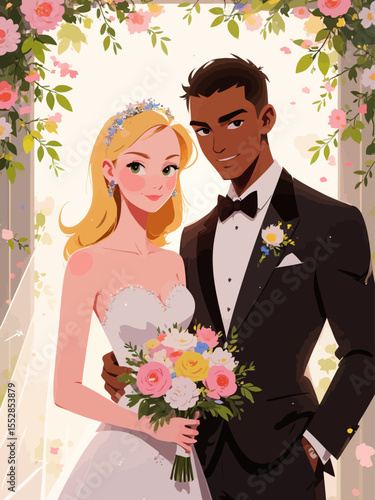 A bride and man are standing, smiling, and looking at the camera
