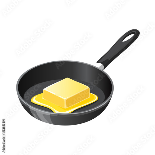 Isometric illustration of butter melting in a frying pan on black background