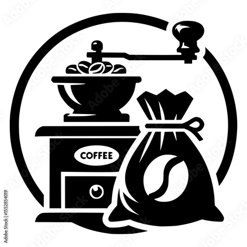 A vintage-inspired black and white coffee logo with a bean sack, grinder