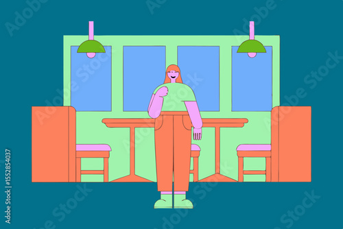 A cheerful woman standing in a cafe, smiling warmly, conveying a positive and approachable vibe.