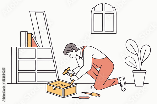 A man assembling or repairing furniture in a clean and minimalistic home, focusing on precise craftsmanship.