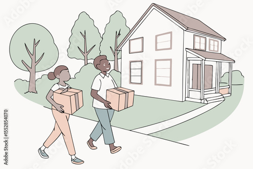 A family arriving at their new home, carrying boxes with joyful expressions, starting a new chapter in life.