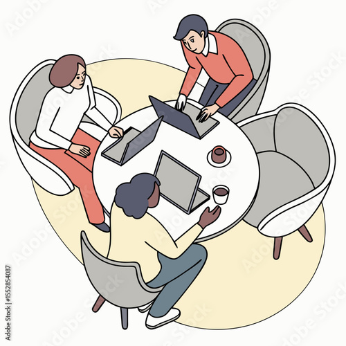 A mixed-gender business team collaborating with laptops and coffee, discussing strategies in an informal setting.