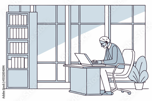 An elderly businessman working alone on a laptop in a spacious office, focused and determined.