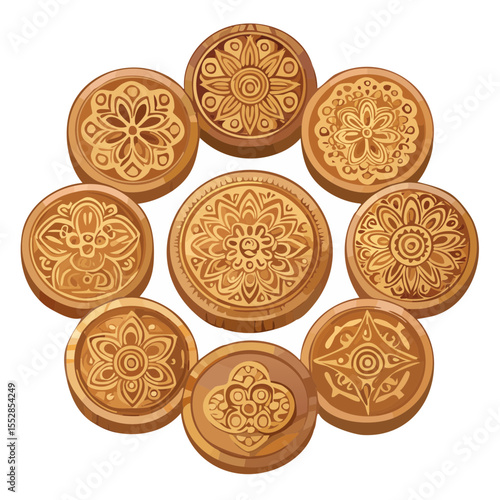 Collection of Decorative Wooden Discs Arranged in a Circle