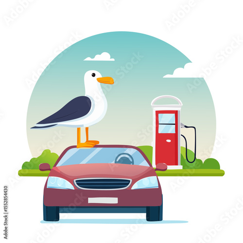 Seagull Perched on Car at Gas Station Illustration
