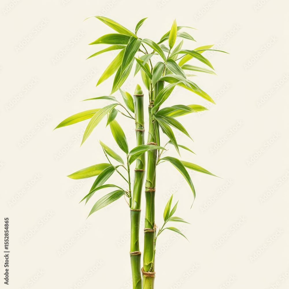 Obraz premium Three vibrant green bamboo stalks with lush, bright leaves against a plain off-white background