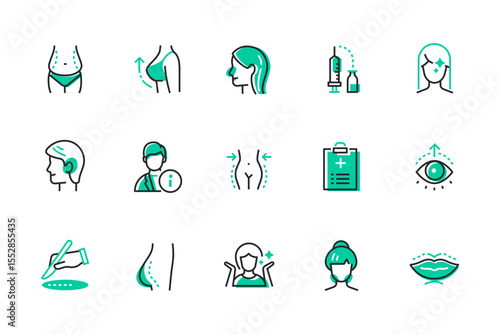 Plastic surgery and operations - set of line design style icons