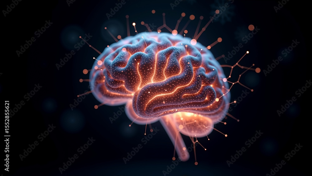 Obraz premium Digital brain illustration, glowing neural connections in vibrant colors, representing technology and innovation in neuroscience.