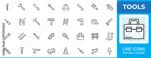 Construction tools line icon set