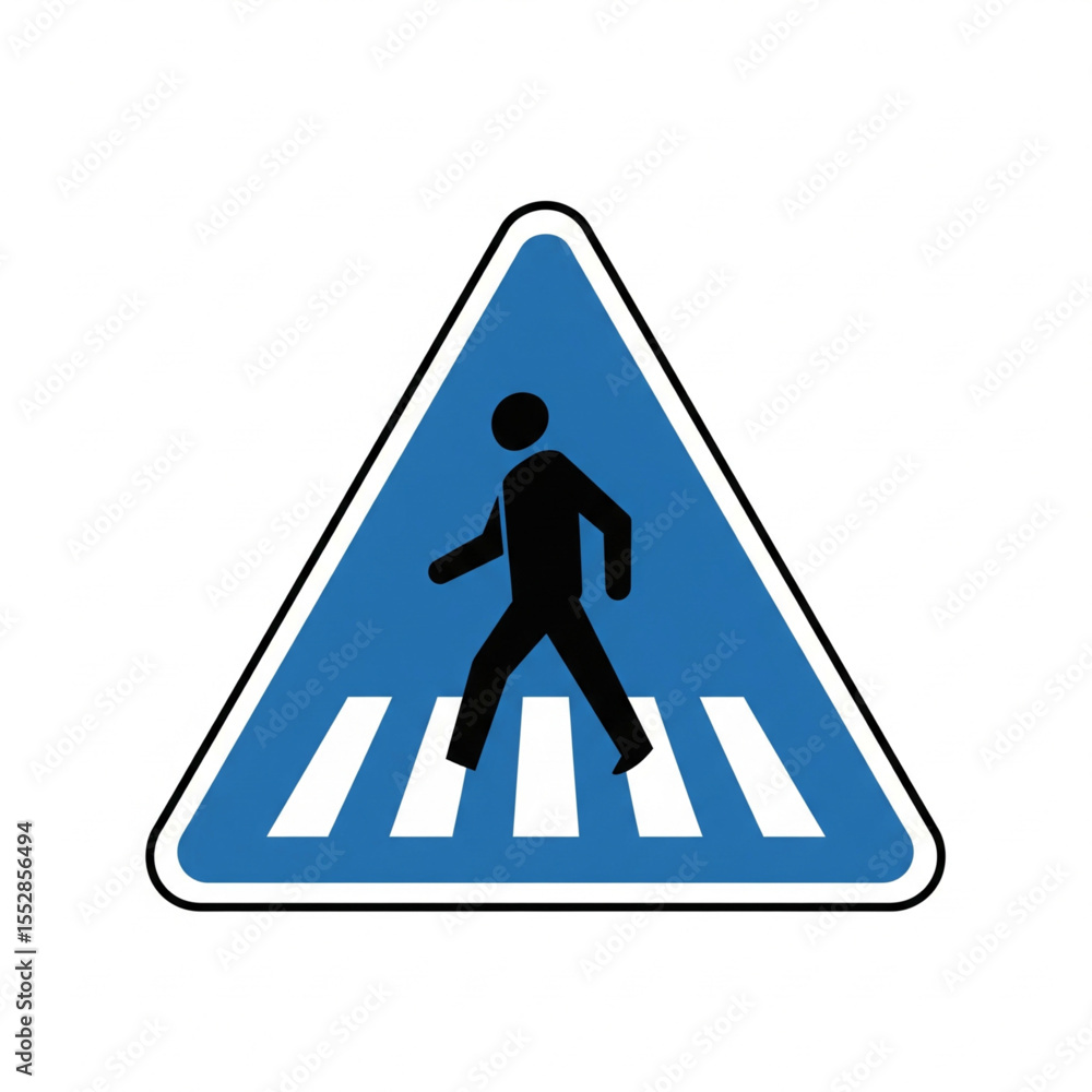 vector icon of a white pedestrian crossing sign on a blue triangle with black figure on striped path vector icon of a white pedestrian crossing sign on a blue triangle with black figure on striped path