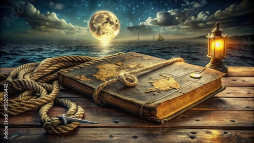 An ancient weathered book bound in rope, rests on a wooden surface near a glowing lantern, under a large moon, overlooking a calm ocean, hinting at untold adventures and forgotten lore.